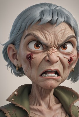 1girl,solo,looking at viewer,short hair,open mouth,simple background,brown eyes,jewelry,collarbone,jacket,grey hair,earrings,teeth,grey background,lips,blood,portrait,veins,injury,blood on face,green jacket,realistic,nose,old,horror (theme),old woman,wrinkled skin,white background,artist name,gradient background,clenched teeth,angry,close-up