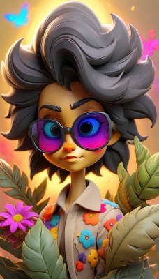 1girl,solo,looking at viewer,blush,smile,short hair,blue eyes,shirt,black hair,closed mouth,upper body,flower,glasses,collared shirt,artist name,dark skin,black eyes,dark-skinned female,lips,leaf,watermark,floral print,sunglasses,bug,plant,butterfly,sunset,purple flower,print shirt,tinted eyewear,hawaiian shirt,purple-tinted eyewear,white shirt,multicolored hair,spiked hair,messy hair,backlighting