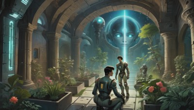 short hair,blue eyes,brown hair,black hair,sitting,standing,weapon,flower,male focus,multiple boys,2boys,from behind,armor,looking at another,tree,bodysuit,glowing,helmet,plant,robot,star (sky),scenery,glowing eyes,starry sky,science fiction,pilot suit,space,pillar,statue,spacesuit,hologram,1girl,1boy,indoors,uniform,gun,red flower,stairs,realistic,android,size difference,potted plant,vines,energy gun,overgrown