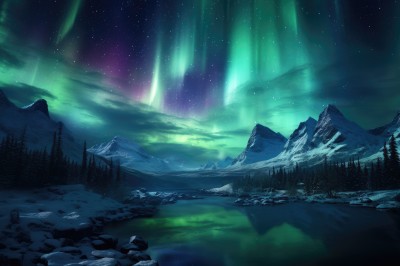 PREMIUM,outdoors,sky,cloud,water,tree,no humans,night,star (sky),nature,night sky,scenery,forest,starry sky,reflection,rock,mountain,green theme,river,landscape,lake,aurora,grass,snow