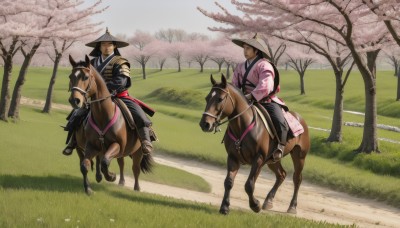 1girl,black hair,gloves,long sleeves,1boy,hat,male focus,outdoors,japanese clothes,multiple boys,day,2boys,kimono,armor,tree,animal,grass,cherry blossoms,riding,japanese armor,pink kimono,horse,horseback riding,reins,saddle,smile,multiple girls,holding,2girls,closed mouth,closed eyes,weapon,flower,sword,holding weapon,scar,katana,sheath,scenery,scar on face,sheathed,field,samurai