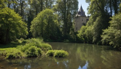 outdoors,sky,day,cloud,water,tree,blue sky,no humans,sunlight,grass,building,nature,scenery,forest,reflection,bush,house,river,castle,lake,reflective water,signature,fantasy,tower,landscape