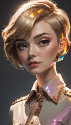 1girl,solo,looking at viewer,short hair,bangs,blonde hair,simple background,shirt,brown eyes,jewelry,closed mouth,upper body,earrings,shiny,collared shirt,lips,grey eyes,eyelashes,makeup,thick eyebrows,lipstick,black background,portrait,eyeshadow,freckles,realistic,nose,red lips,eyeliner,mascara,brown hair,jacket,parted lips,artist name,uniform,military uniform,watermark,glint