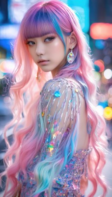 1girl,solo,long hair,looking at viewer,bangs,dress,jewelry,very long hair,closed mouth,blue hair,upper body,pink hair,multicolored hair,earrings,blunt bangs,blurry,black eyes,from side,lips,see-through,looking to the side,grey eyes,makeup,depth of field,blurry background,wavy hair,gem,eyeshadow,realistic,nose,brown eyes,artist name,nail polish,two-tone hair,streaked hair,eyelashes,aqua hair,gradient hair,watermark,expressionless,web address,bokeh