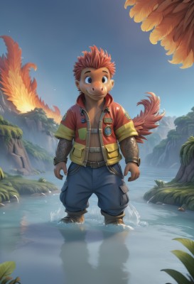 solo,looking at viewer,blush,smile,short hair,1boy,brown eyes,standing,jacket,tail,full body,male focus,red hair,outdoors,wings,sky,day,belt,pants,water,black eyes,tree,leaf,feathers,child,nature,red jacket,wading,furry male,male child,navel,artist name,blue sky,plant,spiked hair,reflection,mountain,waterfall,lake