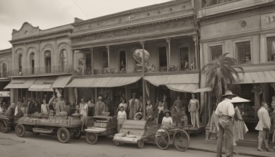 multiple girls,hat,monochrome,greyscale,outdoors,multiple boys,tree,window,6+girls,umbrella,ground vehicle,building,scenery,motor vehicle,6+boys,car,road,street,crowd