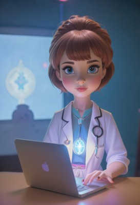 1girl,solo,looking at viewer,blush,smile,short hair,bangs,blue eyes,brown hair,shirt,upper body,necktie,indoors,nail polish,blurry,lips,eyelashes,makeup,blurry background,thick eyebrows,blue shirt,lipstick,red nails,freckles,nose,labcoat,red lips,computer,laptop,stethoscope,jewelry,necklace,watermark,web address,sleeves rolled up,realistic,doctor