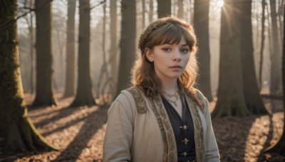 1girl,solo,long hair,looking at viewer,bangs,brown hair,long sleeves,brown eyes,jewelry,closed mouth,upper body,hairband,outdoors,day,necklace,blurry,tree,lips,depth of field,blurry background,wavy hair,sunlight,nature,forest,freckles,curly hair,realistic,nose,road,dress,parted lips,medium hair