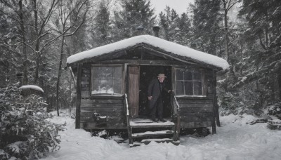 1girl,solo,short hair,black hair,long sleeves,1boy,hat,standing,male focus,outdoors,multiple boys,day,2boys,tree,coat,building,nature,scenery,snow,forest,black coat,snowing,stairs,door,house,wide shot,winter,bare tree,footprints,holding,monochrome,pink hair,shoes,pants,black footwear,black pants