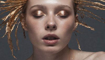 1girl,solo,open mouth,simple background,brown hair,hair ornament,jewelry,collarbone,closed eyes,earrings,parted lips,teeth,shiny,grey background,lips,makeup,piercing,thick eyebrows,portrait,facing viewer,close-up,realistic,nose,dreadlocks,short hair,eyelashes,freckles,gold