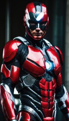 solo,looking at viewer,1boy,closed mouth,upper body,male focus,armor,bodysuit,mask,glowing,helmet,science fiction,realistic,superhero,red bodysuit,power armor,standing,red armor