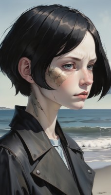 1girl,solo,short hair,bangs,blue eyes,shirt,black hair,jewelry,jacket,white shirt,upper body,earrings,outdoors,parted lips,day,water,black eyes,lips,black jacket,grey eyes,ocean,scar,beach,bandages,bob cut,bandaid,freckles,nose,bandaid on face,stud earrings,leather,leather jacket,looking at viewer,closed mouth,sky,shiny,from side,blue sky,parted bangs,portrait,realistic,sand,cyborg