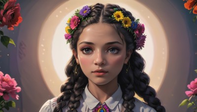 1girl,solo,long hair,looking at viewer,blush,blue eyes,shirt,black hair,hair ornament,jewelry,white shirt,upper body,braid,flower,earrings,parted lips,collared shirt,artist name,hair flower,dark skin,black eyes,twin braids,dark-skinned female,lips,grey eyes,eyelashes,makeup,rose,leaf,sunlight,lipstick,brooch,red flower,gem,portrait,light particles,forehead,pink flower,backlighting,freckles,realistic,yellow flower,nose,purple flower,red lips,pink rose,orange flower,multiple braids,blue flower,head wreath