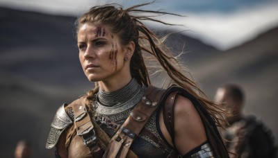 1girl,long hair,brown hair,jewelry,closed eyes,upper body,earrings,parted lips,solo focus,armor,blurry,lips,blood,blurry background,shoulder armor,pauldrons,breastplate,blood on face,realistic,chainmail,solo,looking at viewer,ponytail,outdoors,dirty