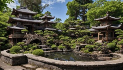 outdoors,sky,day,cloud,water,tree,blue sky,no humans,building,nature,scenery,forest,stairs,architecture,bridge,east asian architecture,shrine,real world location