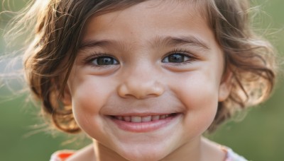 1girl,solo,looking at viewer,smile,short hair,open mouth,blue eyes,brown hair,teeth,grin,blurry,black eyes,lips,portrait,close-up,green background,realistic,nose,brown eyes,:d,eyelashes,messy hair