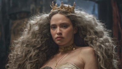 1girl,solo,long hair,looking at viewer,blue eyes,dress,bare shoulders,jewelry,closed mouth,upper body,white hair,grey hair,choker,indoors,necklace,white dress,blurry,lips,grey eyes,strapless,blurry background,wavy hair,tiara,crown,curtains,portrait,strapless dress,forehead,freckles,curly hair,realistic,breasts,parted lips,expressionless,big hair,gold,gold choker