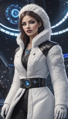 1girl,solo,long hair,breasts,looking at viewer,brown hair,gloves,brown eyes,jewelry,medium breasts,standing,cowboy shot,parted lips,belt,pants,white gloves,hood,necklace,lips,coat,fur trim,makeup,black pants,lipstick,pendant,hood up,realistic,nose,white coat,winter clothes,red lips,hooded coat,fur coat,parka,science fiction