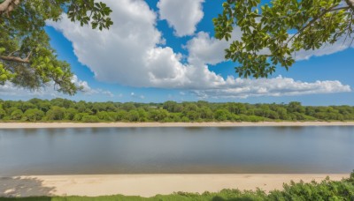 outdoors,sky,day,cloud,water,tree,blue sky,no humans,shadow,ocean,leaf,beach,cloudy sky,grass,plant,nature,scenery,reflection,horizon,road,bush,summer,reflective water,sunlight,forest,mountain,sand,shade,landscape,lake,shore