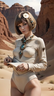 1girl,solo,breasts,looking at viewer,short hair,bangs,blue eyes,brown hair,black hair,hair ornament,long sleeves,holding,brown eyes,jewelry,medium breasts,closed mouth,standing,flower,cowboy shot,outdoors,parted lips,sky,day,artist name,hair flower,blunt bangs,necklace,nail polish,covered nipples,leotard,blue sky,lips,fingernails,makeup,highleg,bob cut,brooch,gem,highleg leotard,realistic,white leotard,sand,pen,drawing,holding pen,desert,dust,small breasts,ring,black nails,paper,nose