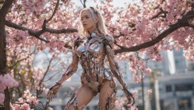 1girl, solo, long hair, breasts, standing, white hair, cowboy shot, outdoors, blurry, tree, lips, blurry background, cherry blossoms, realistic, nose