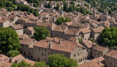 outdoors,day,tree,no humans,from above,building,nature,scenery,forest,city,road,cityscape,house,rooftop