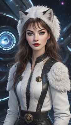 1girl,solo,long hair,breasts,looking at viewer,blue eyes,brown hair,shirt,long sleeves,animal ears,brown eyes,jewelry,closed mouth,white shirt,upper body,earrings,belt,cat ears,hood,lips,coat,grey eyes,fur trim,makeup,fake animal ears,suspenders,lipstick,animal hood,nose,red lips,space,bangs,artist name,eyelashes,watermark,web address,eyeshadow,science fiction,realistic,badge