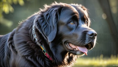 HQ,solo,open mouth,brown eyes,teeth,tongue,artist name,signature,tongue out,blurry,collar,no humans,depth of field,blurry background,animal,looking up,dog,realistic,nose,animal focus,whiskers,jewelry,yellow eyes,earrings,outdoors,fangs,watermark,sunlight,web address,close-up