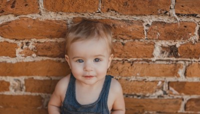 1girl,solo,looking at viewer,short hair,blue eyes,brown hair,upper body,parted lips,sleeveless,lips,child,realistic,female child,male child,brick wall,bare shoulders,pointy ears,parody,wall