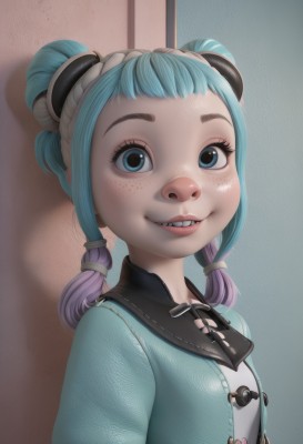 1girl,solo,looking at viewer,smile,open mouth,bangs,blue eyes,shirt,twintails,blue hair,upper body,purple hair,multicolored hair,parted lips,teeth,artist name,hair bun,two-tone hair,lips,eyelashes,double bun,aqua hair,gradient hair,freckles,realistic,nose,female child,sidelocks,web address