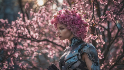 1girl, solo, short hair, hair ornament, upper body, pink hair, flower, hair flower, pink eyes, armor, blurry, from side, tree, lips, cherry blossoms, pink flower, freckles, curly hair, realistic, nose