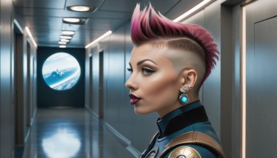 1girl,solo,looking at viewer,short hair,blue eyes,jewelry,pink hair,red hair,multicolored hair,earrings,from side,two-tone hair,lips,profile,makeup,piercing,lipstick,portrait,eyeshadow,reflection,science fiction,realistic,nose,red lips,hair behind ear,undercut,planet,purple lips,mascara,mohawk,tongue,indoors,tongue out,eyelashes,scar,very short hair