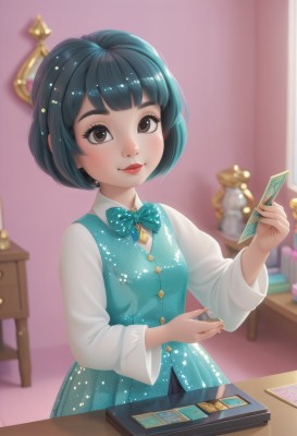 1girl,solo,breasts,looking at viewer,blush,smile,short hair,bangs,skirt,shirt,black hair,long sleeves,dress,bow,holding,brown eyes,sitting,closed mouth,blue hair,white shirt,upper body,small breasts,shiny,artist name,indoors,blunt bangs,bowtie,nail polish,blurry,vest,lips,eyelashes,makeup,depth of field,blurry background,blue dress,watermark,blue bow,chair,table,bob cut,lipstick,web address,card,red lips,blue vest,holding card,green bowtie,aqua bow,aqua dress,aqua bowtie,standing,thick eyebrows