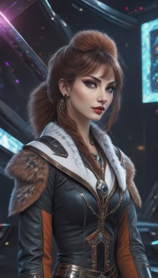 1girl,solo,long hair,breasts,looking at viewer,brown hair,long sleeves,brown eyes,jewelry,jacket,upper body,earrings,parted lips,belt,necklace,lips,fur trim,makeup,lipstick,nose,red lips,bangs,closed mouth,weapon,artist name,signature,pendant,realistic