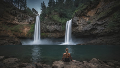 solo, 1boy, male focus, outdoors, water, tree, muscular, nature, scenery, forest, topless male, waterfall