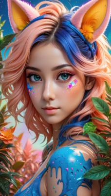 1girl,solo,long hair,breasts,looking at viewer,smile,bangs,blue eyes,blonde hair,hair ornament,animal ears,bare shoulders,jewelry,medium breasts,closed mouth,green eyes,blue hair,upper body,pink hair,flower,multicolored hair,hairband,outdoors,sky,day,shiny,artist name,cat ears,hair flower,star (symbol),blurry,from side,two-tone hair,aqua eyes,lips,fox ears,eyelashes,gradient hair,makeup,fake animal ears,leaf,watermark,facial mark,piercing,plant,portrait,eyeshadow,freckles,pink lips,realistic,yellow flower,nose,eyeliner,facepaint,blue hairband,mascara,shirt,signature,blue sky,looking to the side,depth of field,blurry background,blue shirt,lipstick,star (sky),web address,light particles,forehead,pink flower,star print