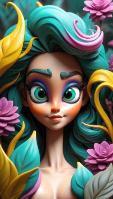 1girl,solo,long hair,breasts,looking at viewer,smile,cleavage,medium breasts,closed mouth,green eyes,collarbone,upper body,pink hair,flower,multicolored hair,green hair,artist name,blurry,lips,eyelashes,aqua hair,makeup,leaf,thick eyebrows,lipstick,monster girl,portrait,web address,pink flower,eyeshadow,freckles,red lips,mascara,hair flower,dark skin,two-tone hair,aqua eyes,plant,nature,plant girl