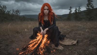 1girl,solo,long hair,breasts,looking at viewer,long sleeves,dress,holding,cleavage,sitting,closed mouth,full body,red hair,outdoors,sky,barefoot,cloud,orange hair,black dress,tree,lips,wavy hair,cloudy sky,grass,fire,nature,forest,freckles,on ground,grey sky,burning,campfire,jewelry,green eyes,necklace,mole,crying,mole under mouth,long dress,log