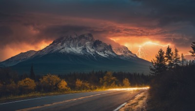 outdoors,sky,cloud,tree,no humans,cloudy sky,grass,nature,scenery,forest,sunset,mountain,electricity,road,lightning,landscape,mountainous horizon,path,red sky,pine tree