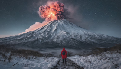 solo, standing, outdoors, sky, cloud, signature, hood, from behind, night, star (sky), night sky, scenery, snow, starry sky, mountain, landscape