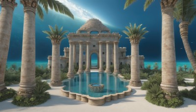 outdoors,sky,day,cloud,water,tree,blue sky,no humans,ocean,beach,sunlight,grass,plant,building,star (sky),scenery,sand,palm tree,horizon,pillar,arch,column,night,shadow,bird,moon,night sky,starry sky,reflection,fantasy,bush