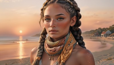 1girl,solo,long hair,looking at viewer,brown hair,black hair,bare shoulders,brown eyes,jewelry,upper body,braid,earrings,outdoors,parted lips,sky,dark skin,water,necklace,scarf,blurry,twin braids,dark-skinned female,lips,blurry background,ocean,beach,piercing,portrait,forehead,freckles,sunset,realistic,nose,sand,sun,river,very dark skin,desert,multiple braids,collarbone,sunlight,backlighting