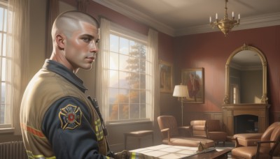 solo,short hair,shirt,gloves,1boy,upper body,male focus,indoors,uniform,vest,tree,book,window,facial hair,chair,table,sunlight,curtains,desk,mirror,realistic,lamp,candle,bald,very short hair,police,police uniform,candlestand,bulletproof vest,brown eyes,closed mouth,jacket,weapon,white hair,day,gun,couch,reflection