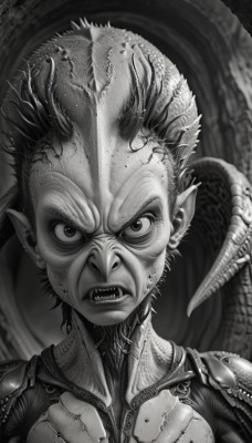 solo,looking at viewer,open mouth,1boy,tail,monochrome,upper body,greyscale,male focus,earrings,horns,teeth,pointy ears,blurry,blood,fangs,sharp teeth,portrait,angry,spot color,veins,monster,spiked hair,serious,realistic,alien,mohawk