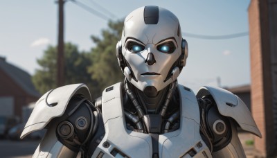 solo,looking at viewer,blue eyes,1boy,upper body,male focus,outdoors,day,blurry,tree,no humans,blurry background,glowing,robot,building,portrait,mecha,glowing eyes,science fiction,android,straight-on,cyborg,humanoid robot,sky,close-up,robot joints,radio antenna