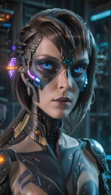 1girl,solo,long hair,breasts,looking at viewer,blue eyes,brown hair,black hair,medium breasts,upper body,ponytail,parted lips,blurry,lips,eyelashes,bodysuit,makeup,blurry background,headgear,lipstick,portrait,eyeshadow,science fiction,realistic,nose,android,eyeliner,cable,cyborg,cyberpunk,hologram,mask,glowing,close-up,asymmetrical hair