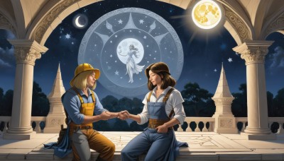 1girl,long hair,smile,multiple girls,blonde hair,brown hair,shirt,1boy,hat,2girls,sitting,closed eyes,white shirt,weapon,outdoors,wings,sky,belt,pants,cloud,medium hair,star (symbol),tree,night,holding hands,facial hair,moon,helmet,star (sky),night sky,full moon,sleeves rolled up,starry sky,overalls,holster,crescent moon,pillar,castle,statue,fountain,male focus,multiple boys,2boys,couple,beard,animification