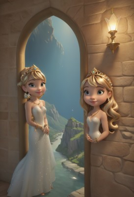 long hair,breasts,looking at viewer,smile,blue eyes,multiple girls,blonde hair,dress,2girls,bare shoulders,jewelry,standing,earrings,small breasts,barefoot,water,necklace,white dress,bracelet,lips,grey eyes,strapless,siblings,own hands together,tiara,crown,sisters,strapless dress,reflection,twins,mirror,princess,different reflection,cleavage,medium breasts,parted lips,artist name,chibi,makeup,single hair bun,aged down,child,gown