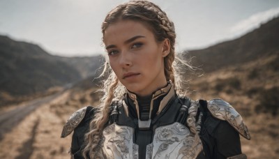 1girl,solo,long hair,looking at viewer,brown hair,closed mouth,upper body,braid,outdoors,day,armor,blurry,lips,grey eyes,blurry background,shoulder armor,portrait,freckles,pauldrons,breastplate,mountain,realistic,chainmail,blonde hair,brown eyes,depth of field,expressionless