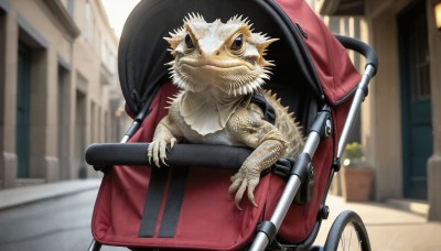 HQ,solo,jacket,outdoors,day,bag,blurry,black eyes,no humans,tattoo,depth of field,blurry background,animal,plant,ground vehicle,building,claws,red jacket,road,animal focus,street,wheelchair,looking at viewer,horns,monster,dragon,scales